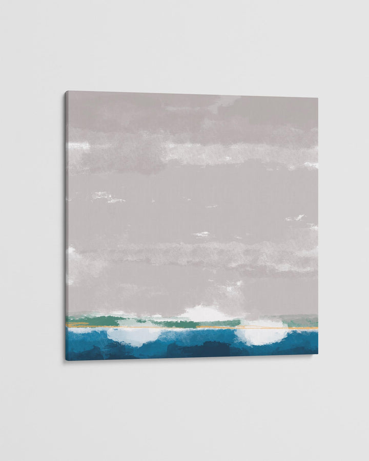Abstract art piece with a gray sky and blue water on a white background