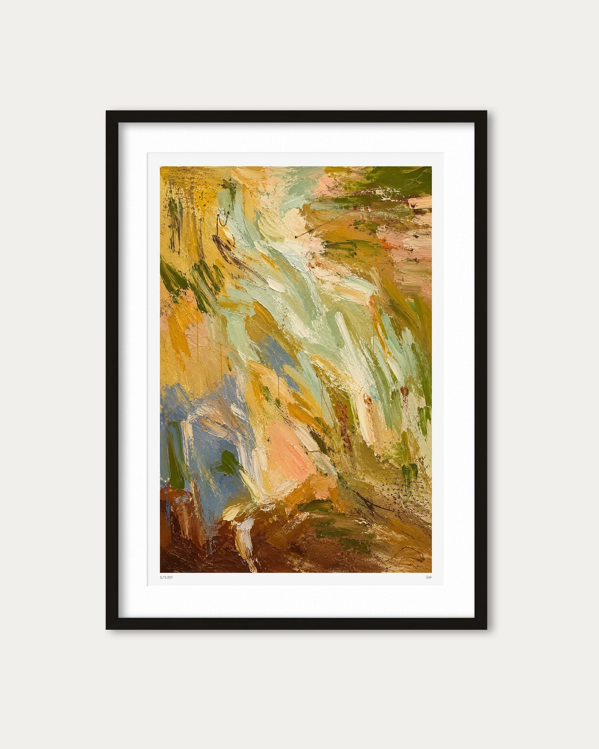 An abstract framed art print featuring expressive brushstrokes in yellow, green, brown, blue, and peach tones, presented in a black frame with a white mat against a light gray background.
