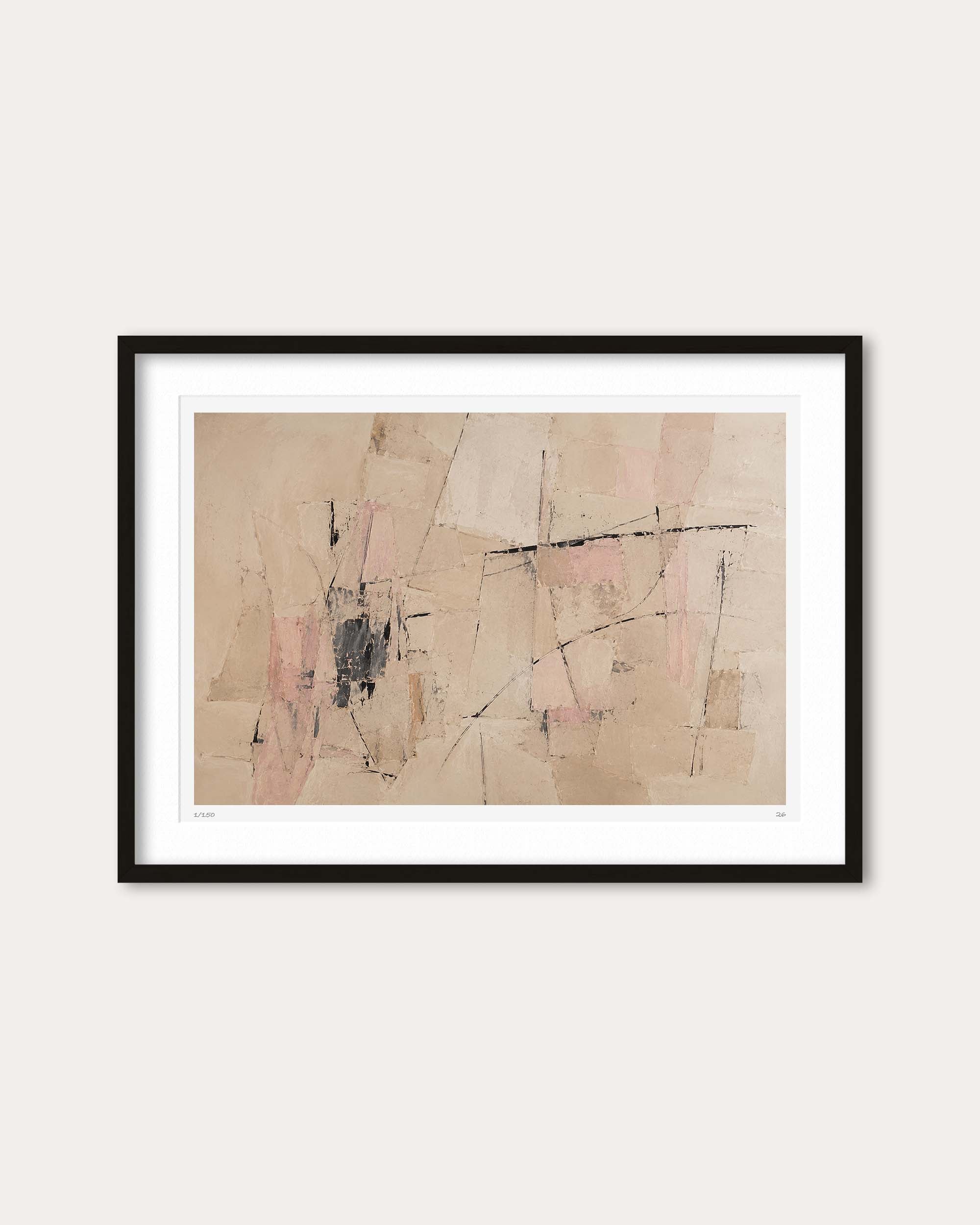 A framed abstract art print featuring beige, pink, and black brushstrokes, presented in a black frame with a white mat against a light beige wall.