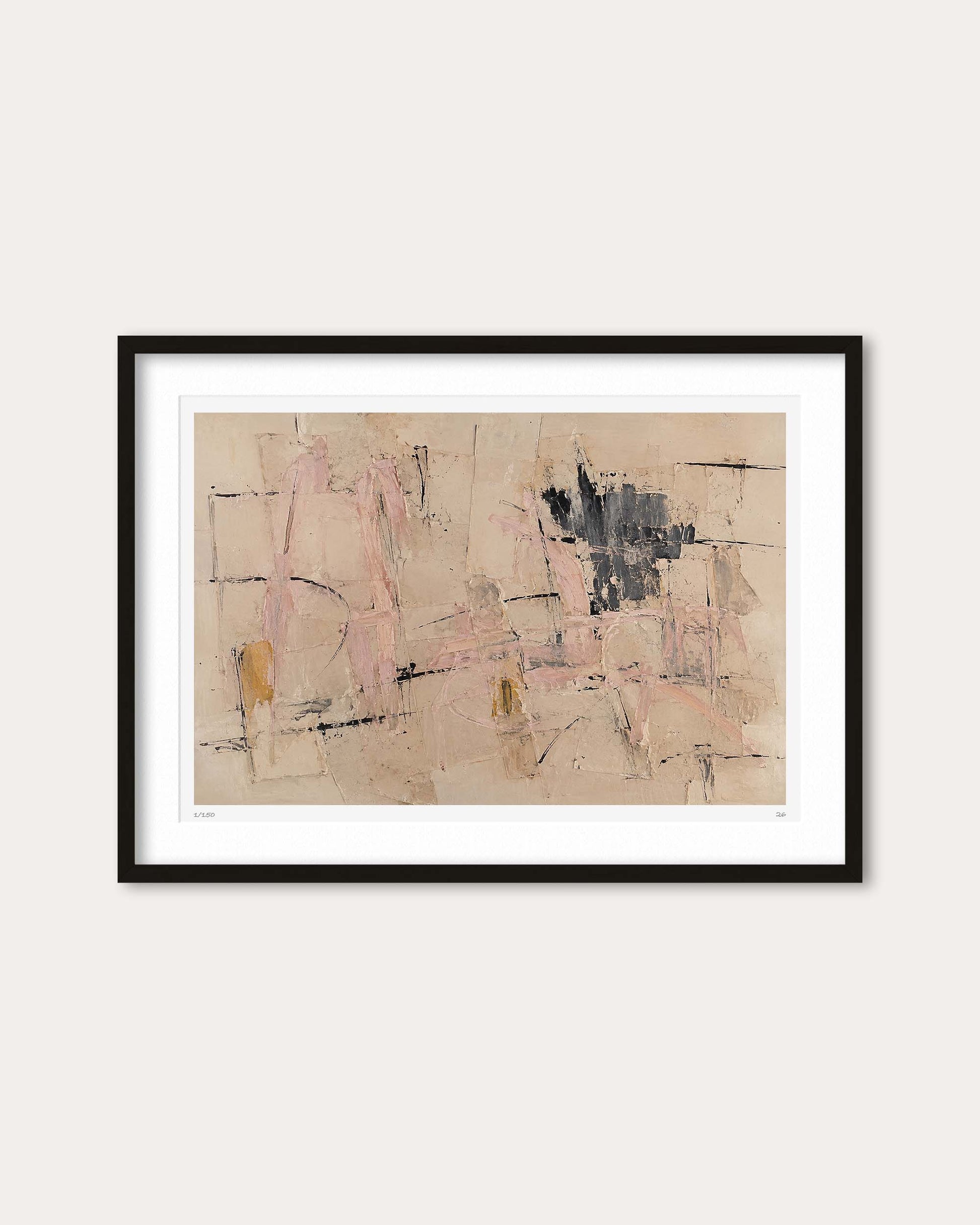 A framed abstract art print featuring a beige background with pink, black, and brown gestural marks, presented in a black frame with a white mat against a light beige wall.