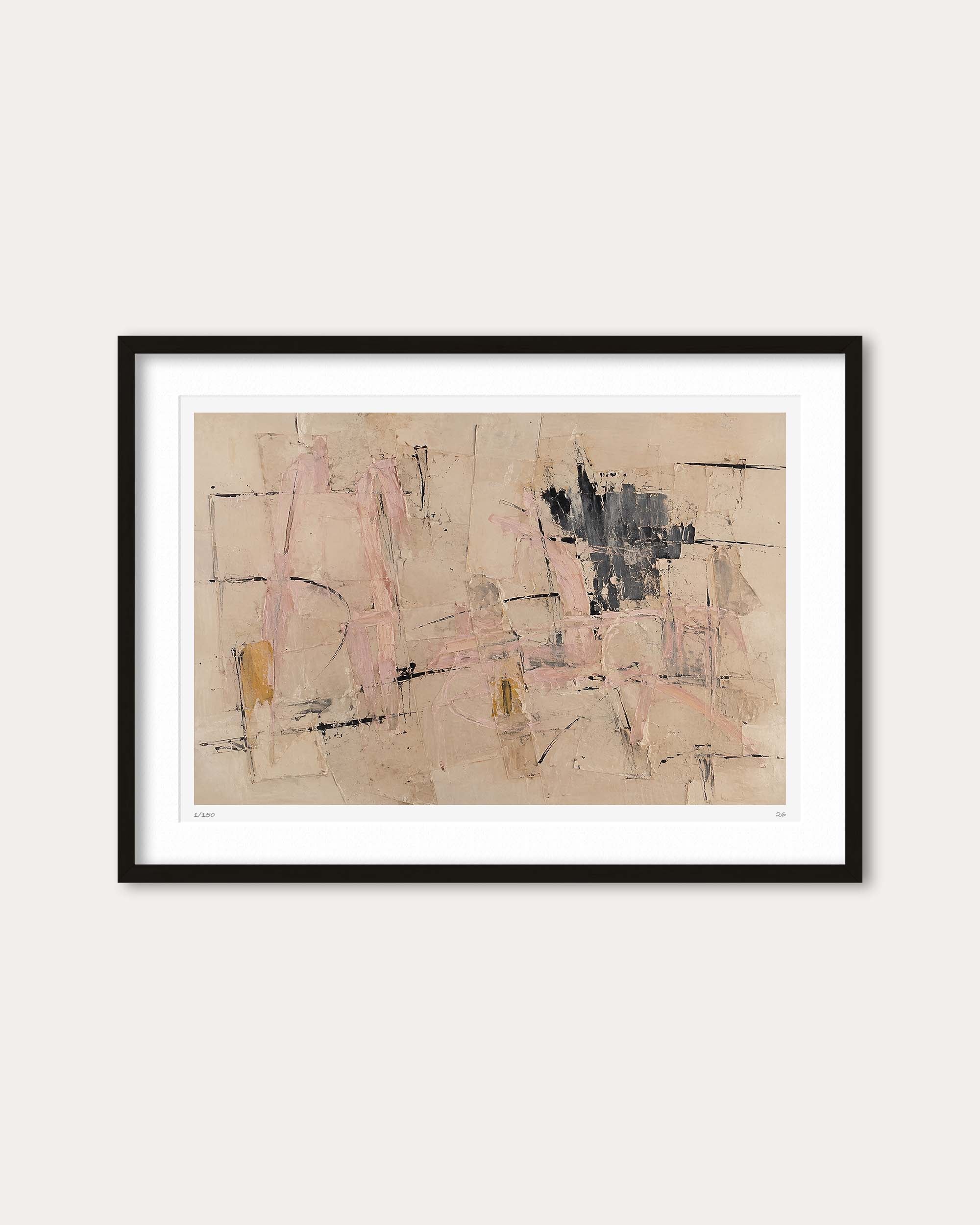 A framed abstract art print featuring a beige background with pink, black, and brown gestural marks, presented in a black frame with a white mat against a light beige wall.