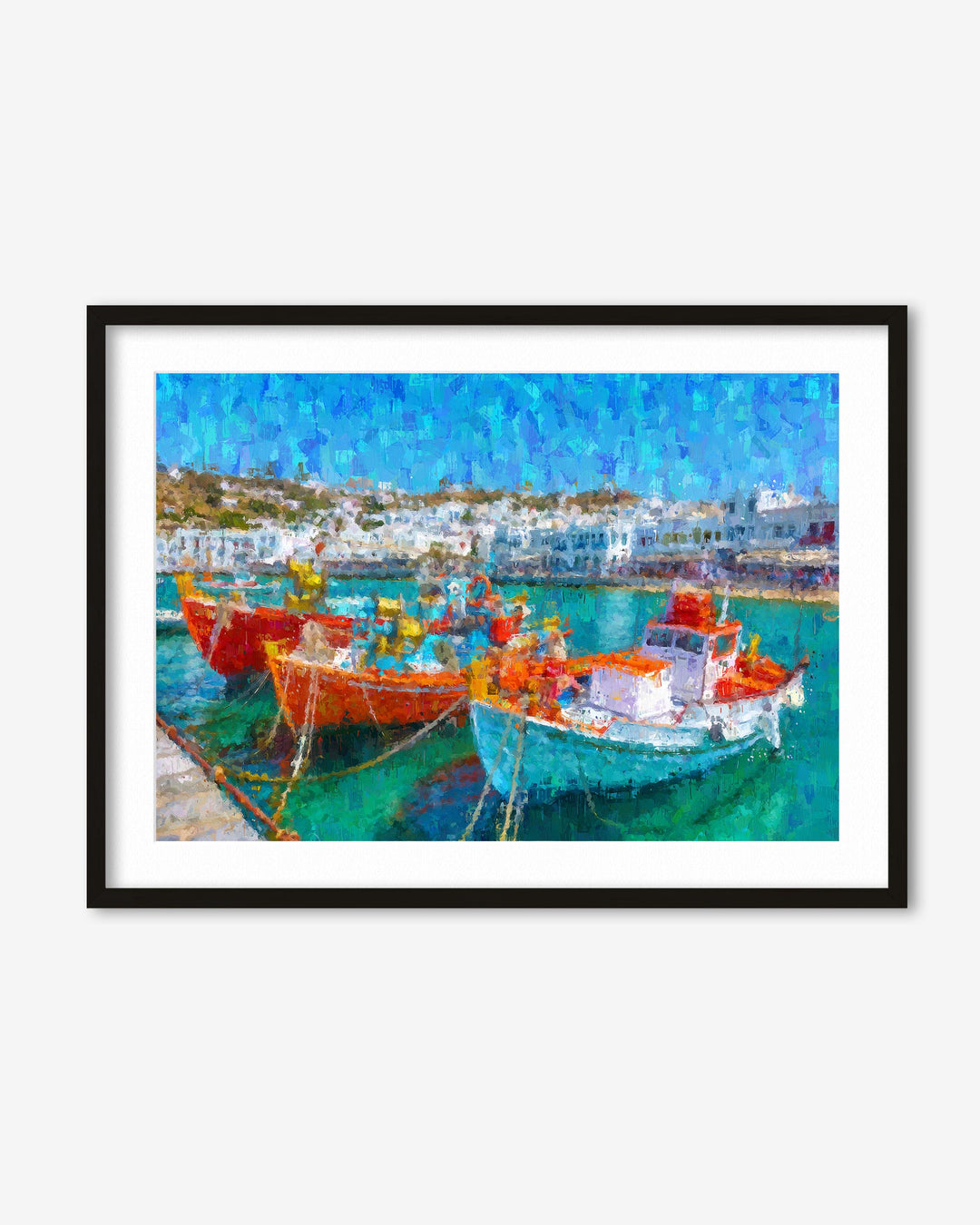 Framed artwork of colorful boats in a harbor scene