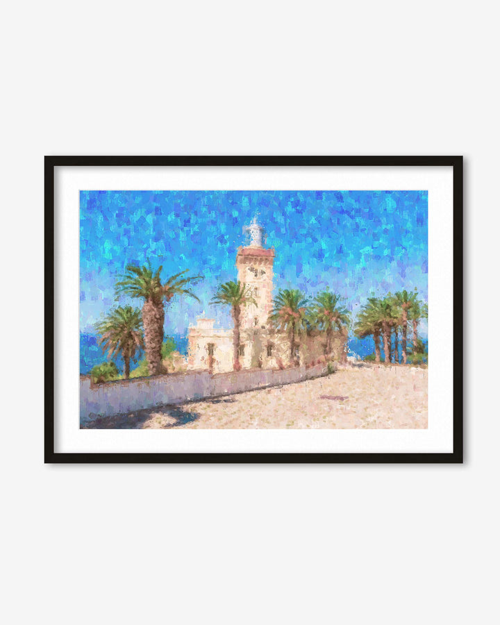 Framed artwork of a coastal scene with a lighthouse and palm trees.