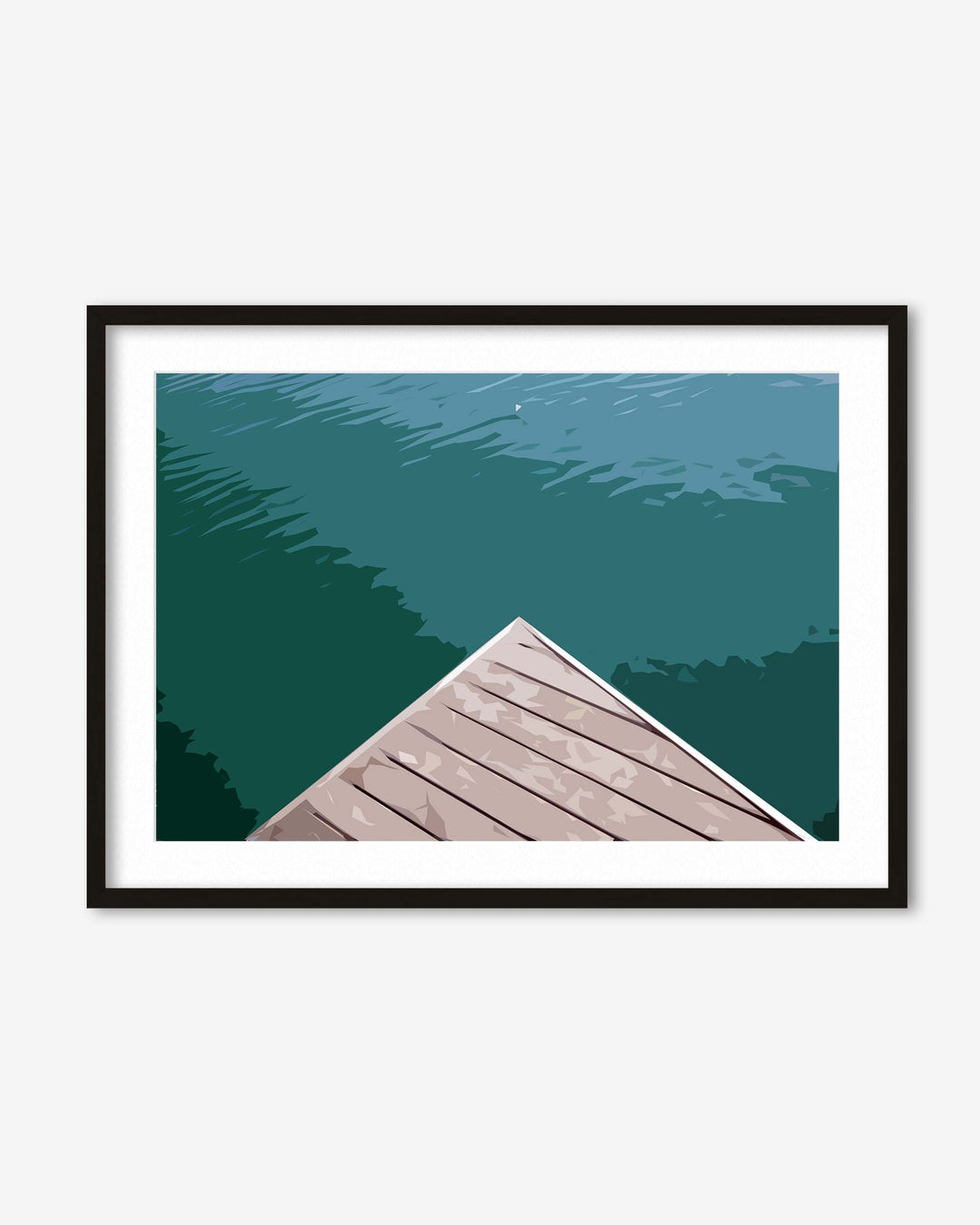 Framed artwork of a wooden dock extending into a body of water with trees on the shore.