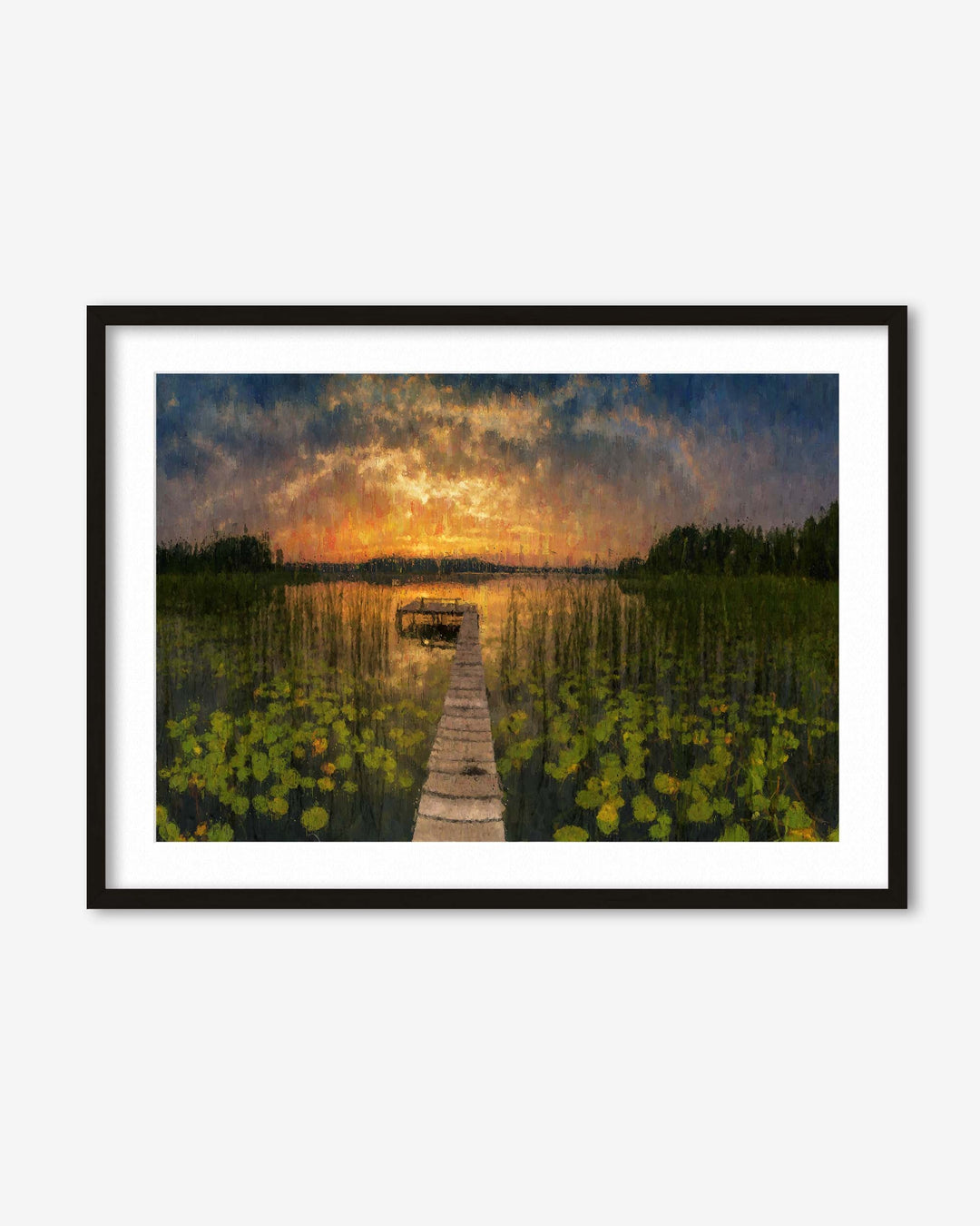 Framed artwork of a dock extending into a lake at sunset.