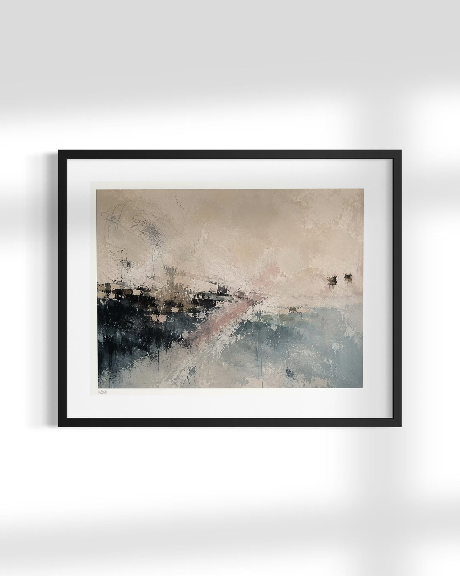 Framed abstract wall art hanging on a white wall, featuring a black frame, white mat, and an abstract painting with beige, gray, blue, and black tones.
