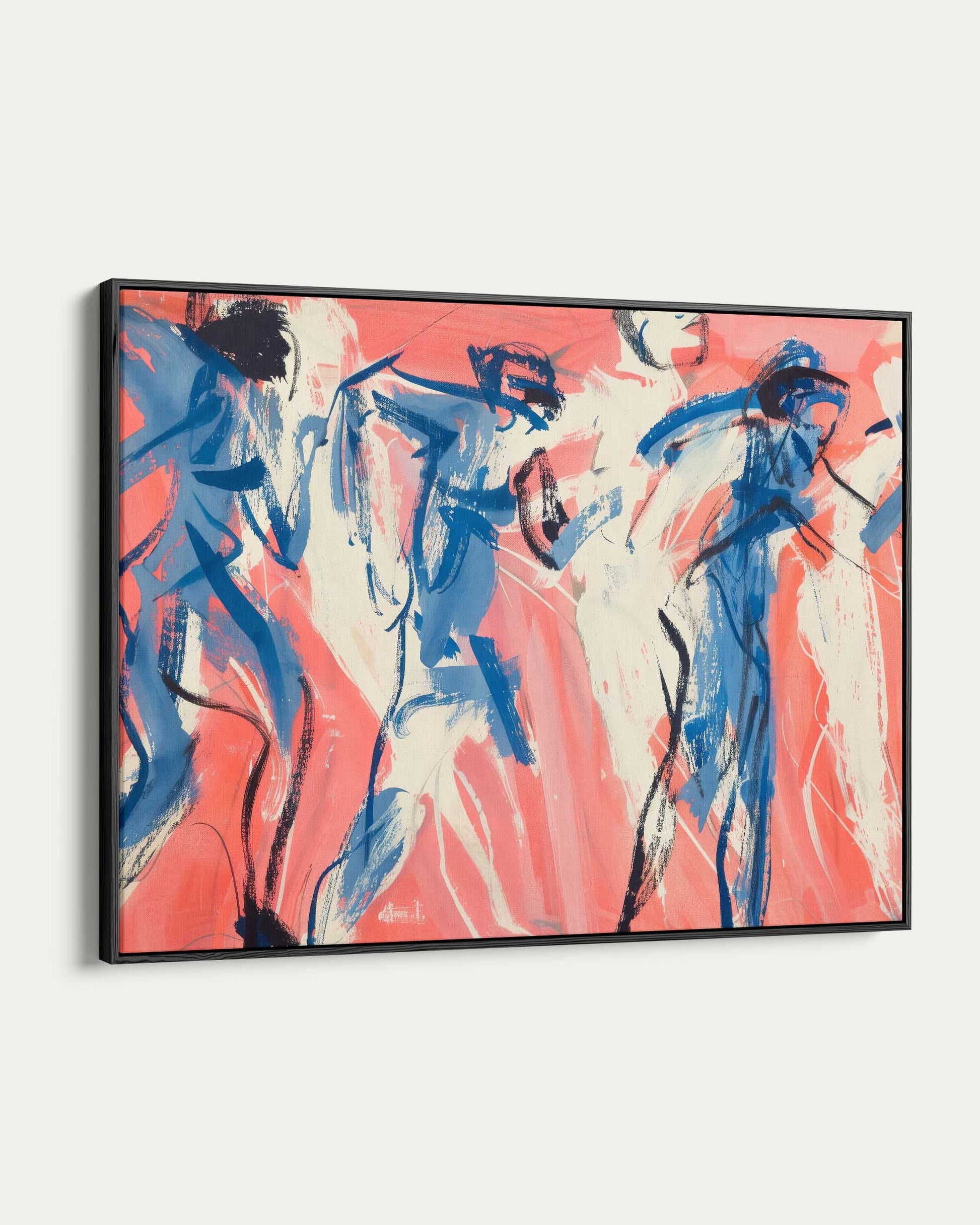 Abstract art painting with blue and pink colors on a white wall
