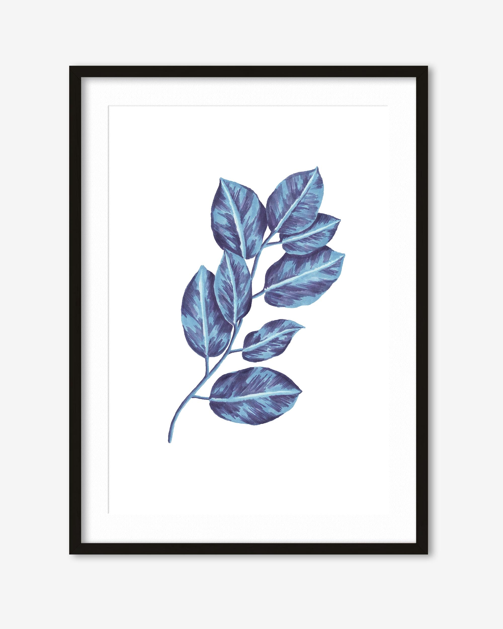 Framed artwork of blue leaves on a white background
