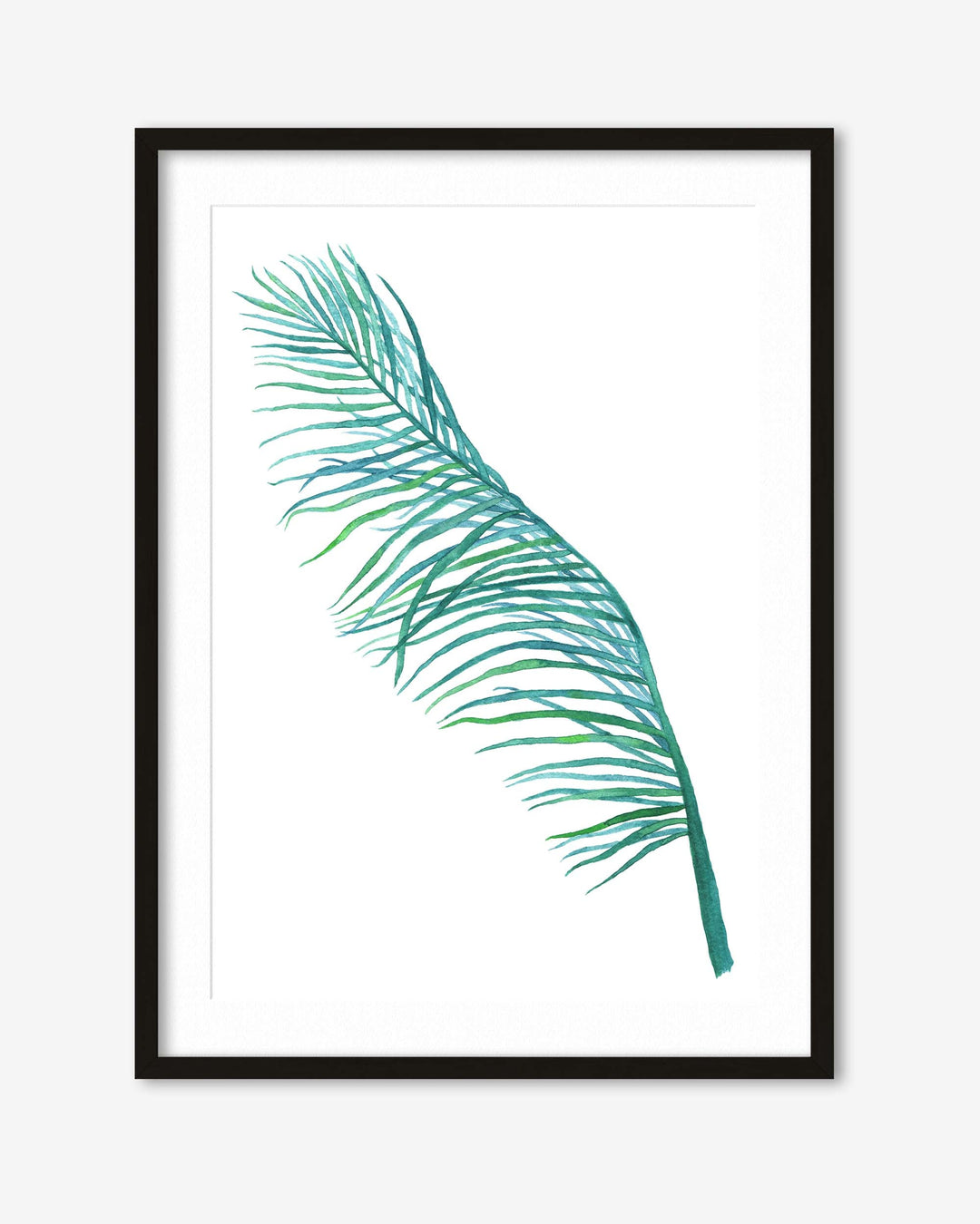 Framed artwork of a green palm leaf on a white background