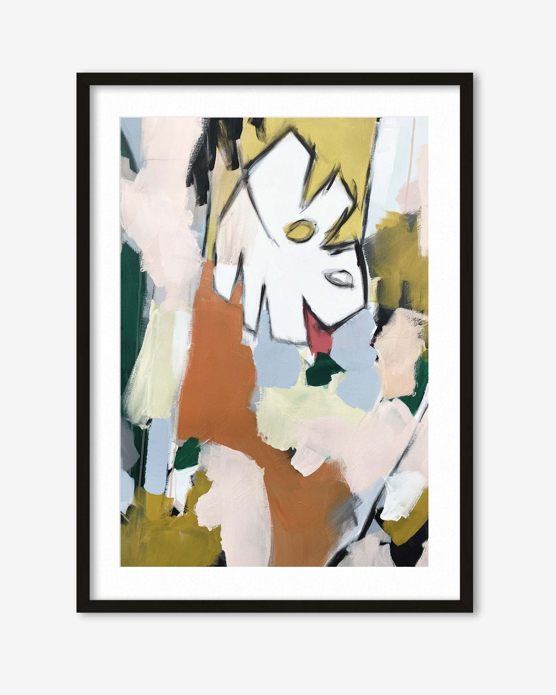 Framed abstract artwork with a colorful character design on a white background