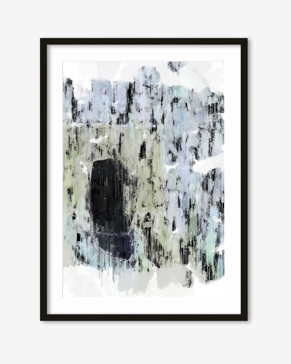 Framed abstract art print with black, white, and gray colors on a white background