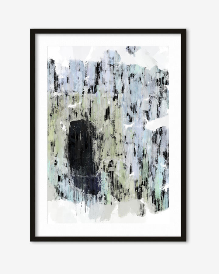 Framed abstract art print with black, white, and gray colors on a white background