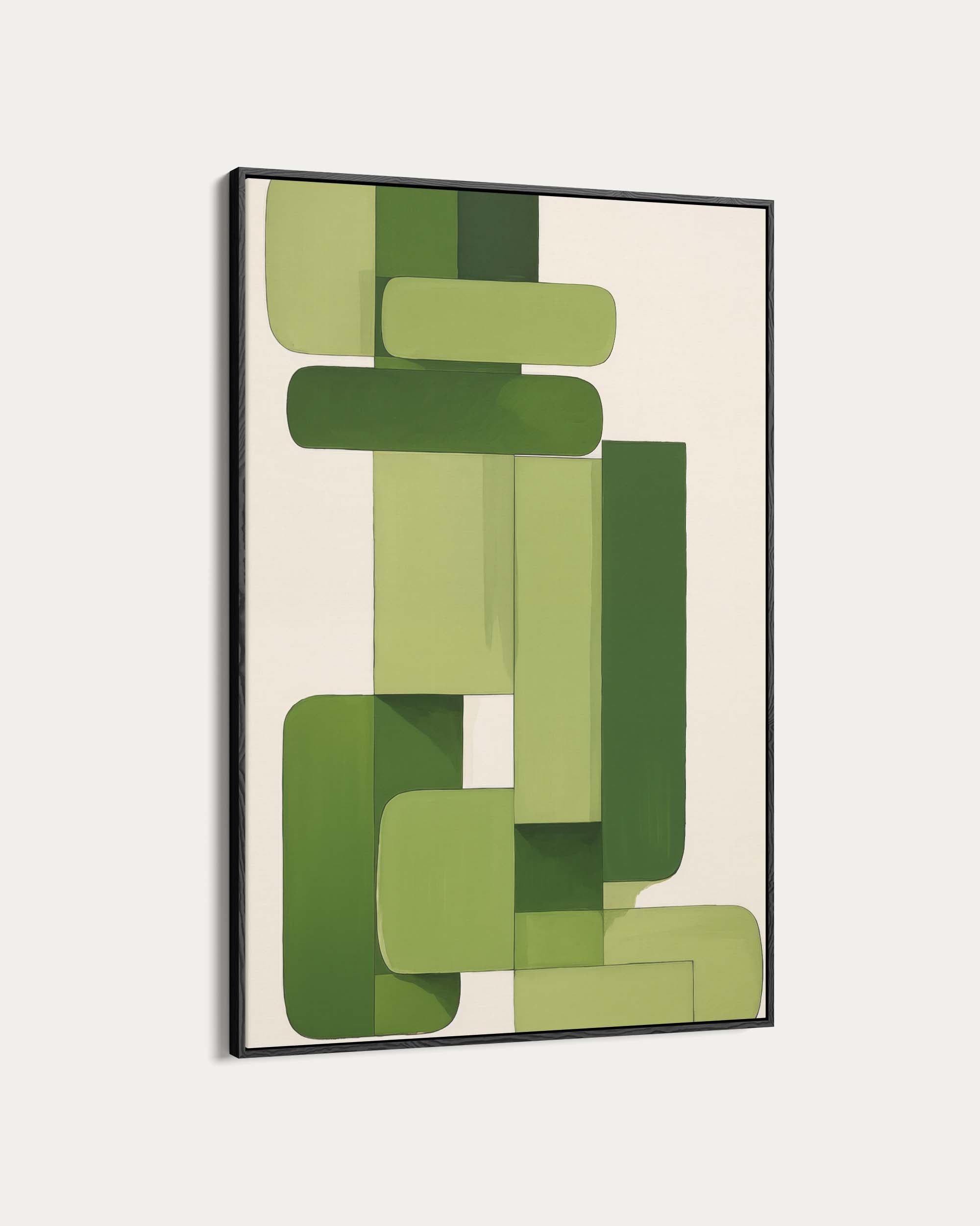 Abstract art print with green geometric shapes on a beige background
