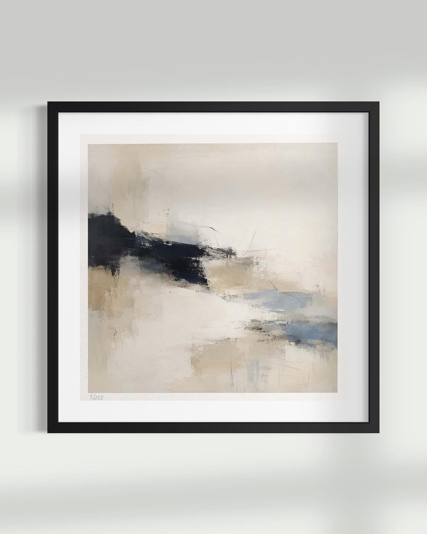 Framed abstract wall art with a minimalist composition, featuring a black frame, white mat, and an abstract painting with beige, black, and soft blue brushstrokes, displayed against a light gray wall.