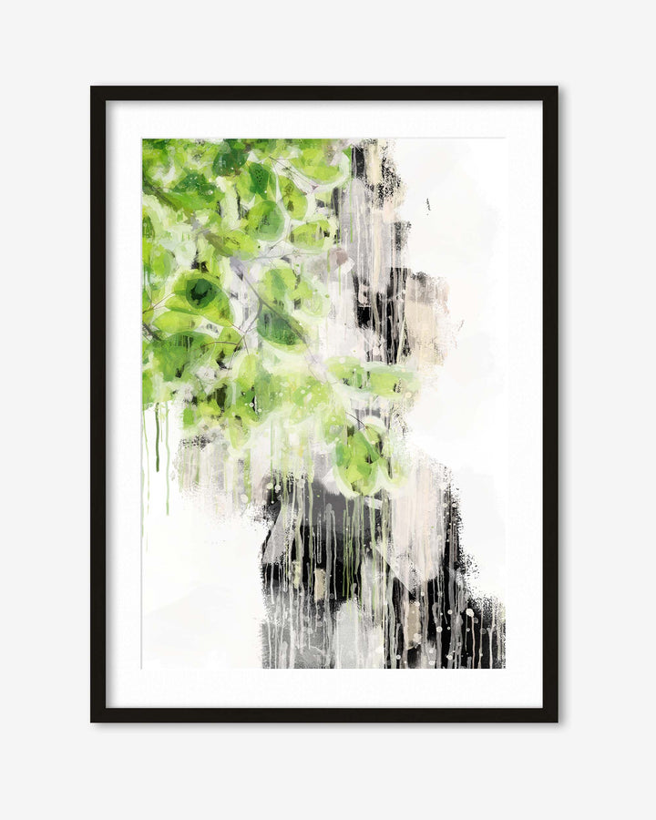 Abstract art print with green, white, and black colors on a white background