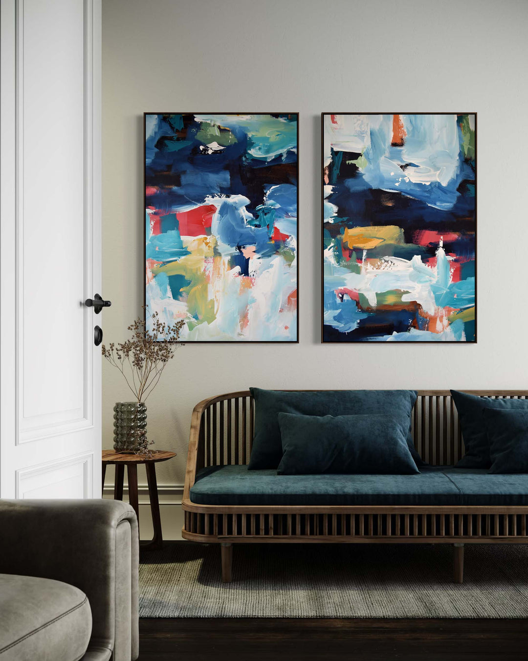 Living room with abstract art on the wall and a wooden sofa.