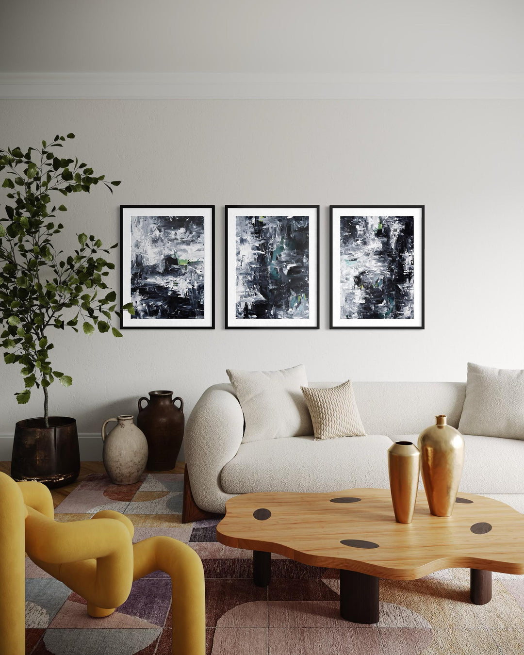 Modern living room with a white sofa, yellow chair, wooden coffee table, and abstract art on the wall.