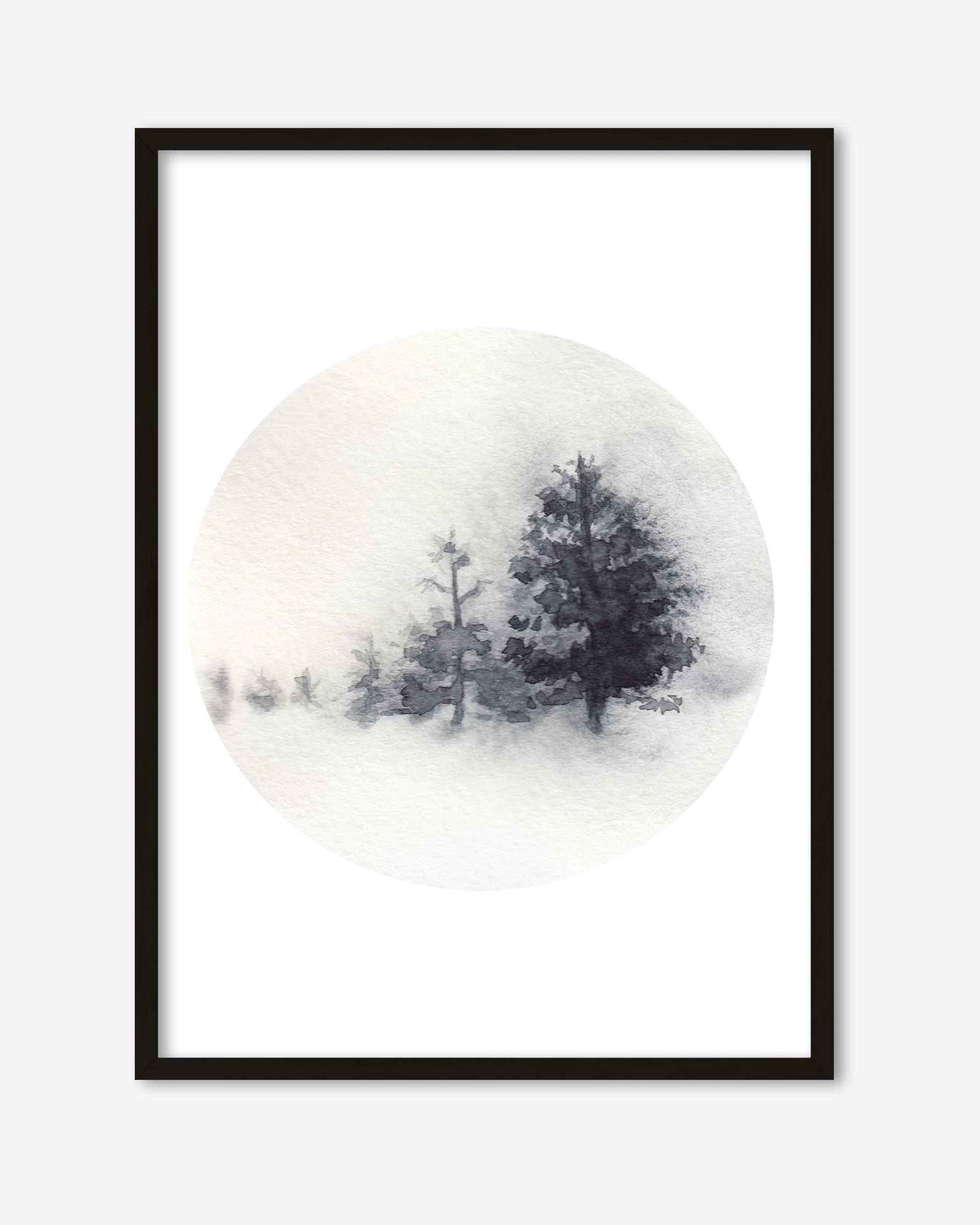 Framed artwork of trees against a snowy background