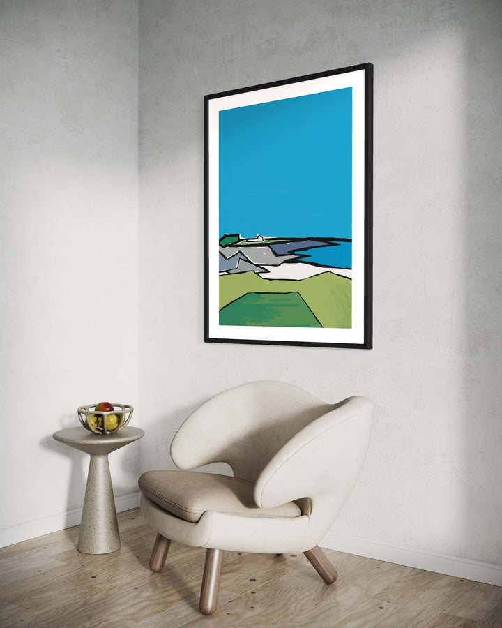 Framed abstract artwork on a wall above a modern chair.