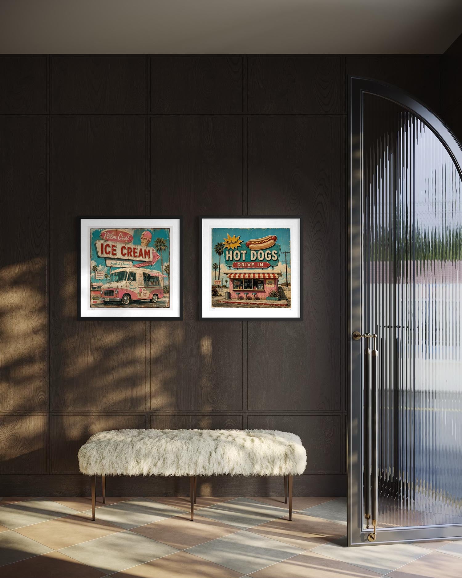 Two framed vintage-style wall art prints hang on a dark wood-paneled wall above a white faux-fur bench. The left print reads 'Ice Cream' with a pink vehicle, and the right print reads 'Hot Dogs' with a yellow food item.