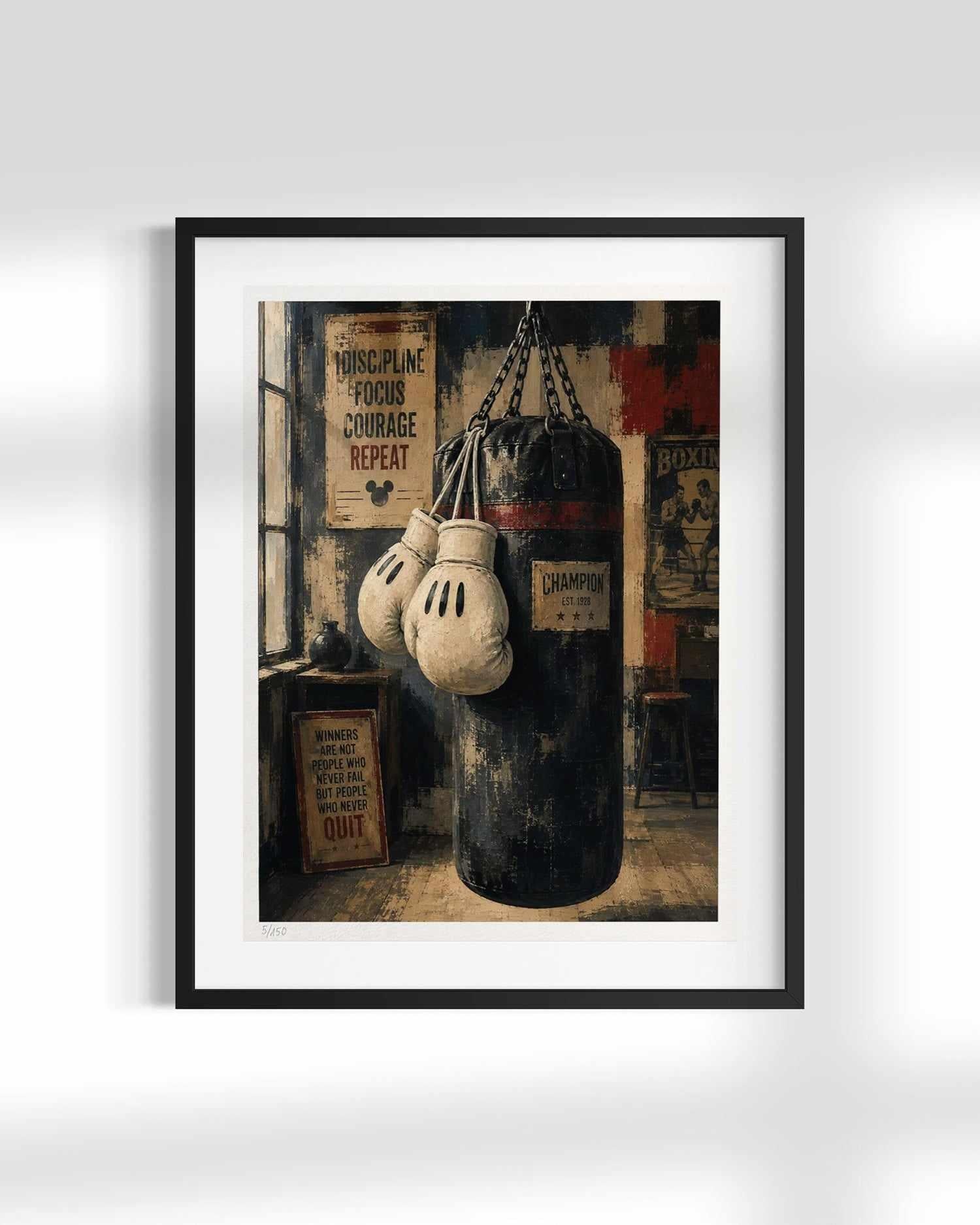 Framed boxing art print featuring a vintage-style illustration of a black punching bag, white boxing gloves, and boxing posters in a dimly lit gym, shown in a black frame with a white mat against a light gray wall.