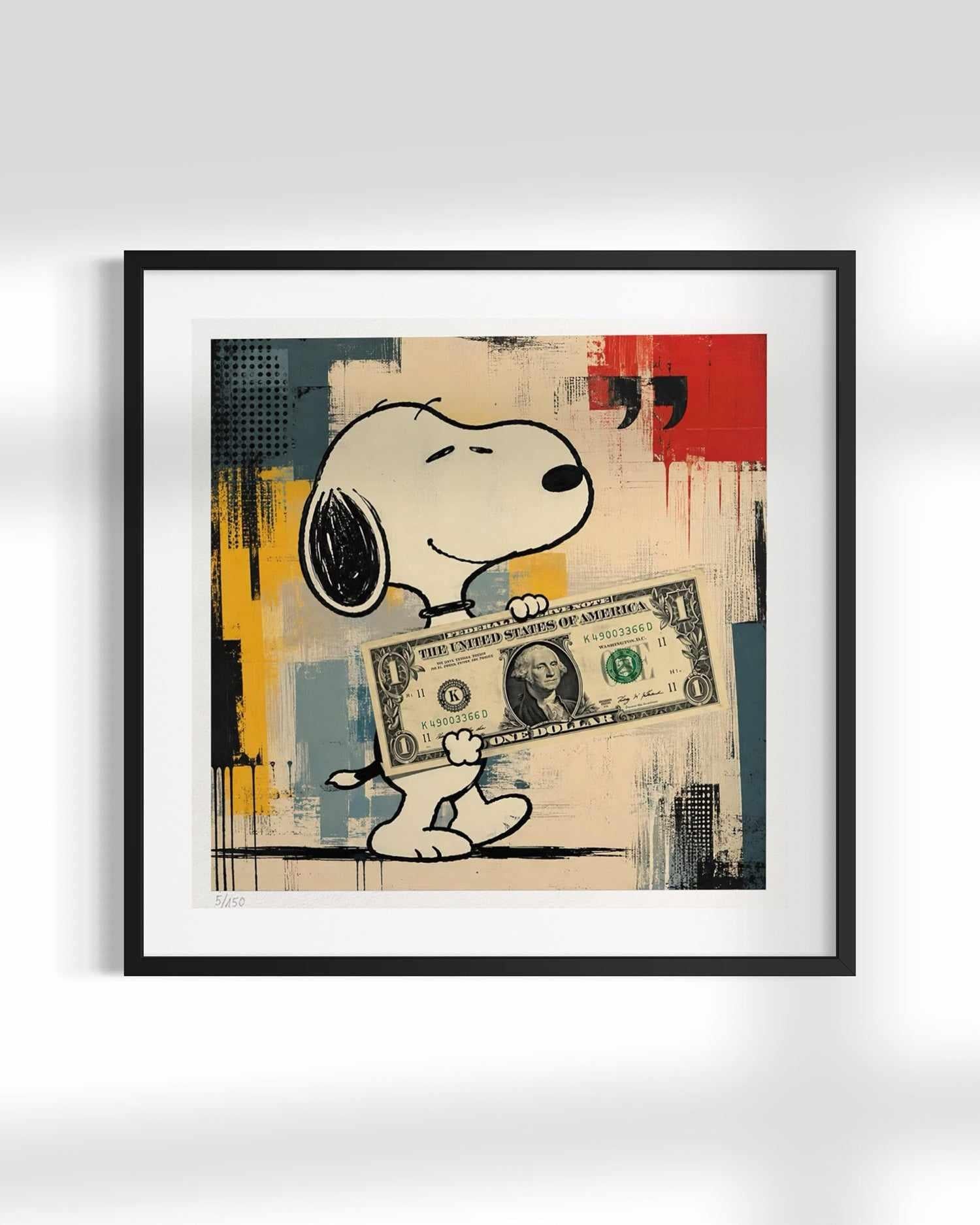Framed wall art featuring Snoopy holding a dollar bill, set against an abstract painted background with red, yellow, blue, and beige tones. The artwork is displayed in a black frame with a white mat against a light gray wall.