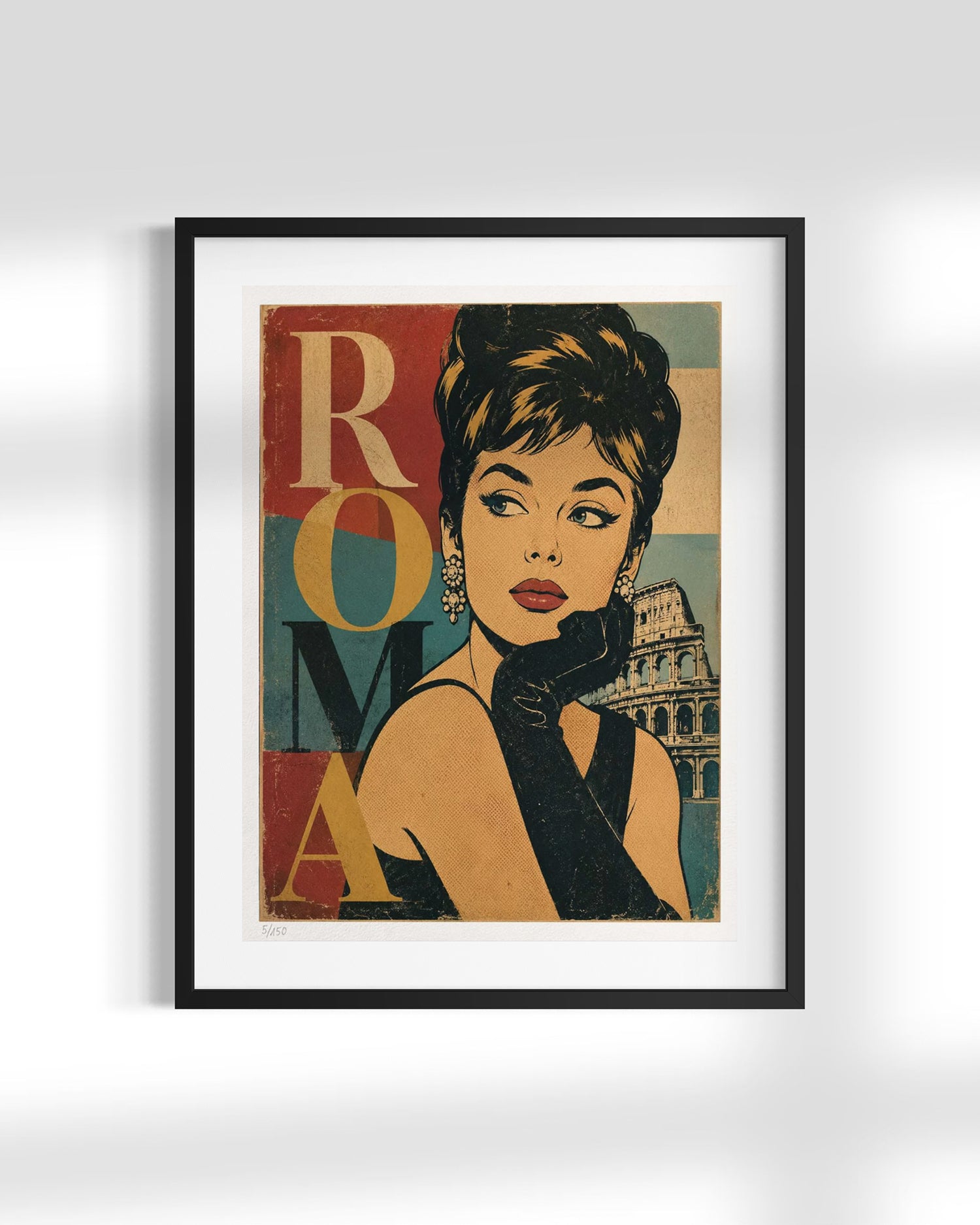 A framed vintage-style art print featuring a stylized portrait of a woman with the word 'ROMA' and an illustration of the Colosseum, displayed against a light gray wall.