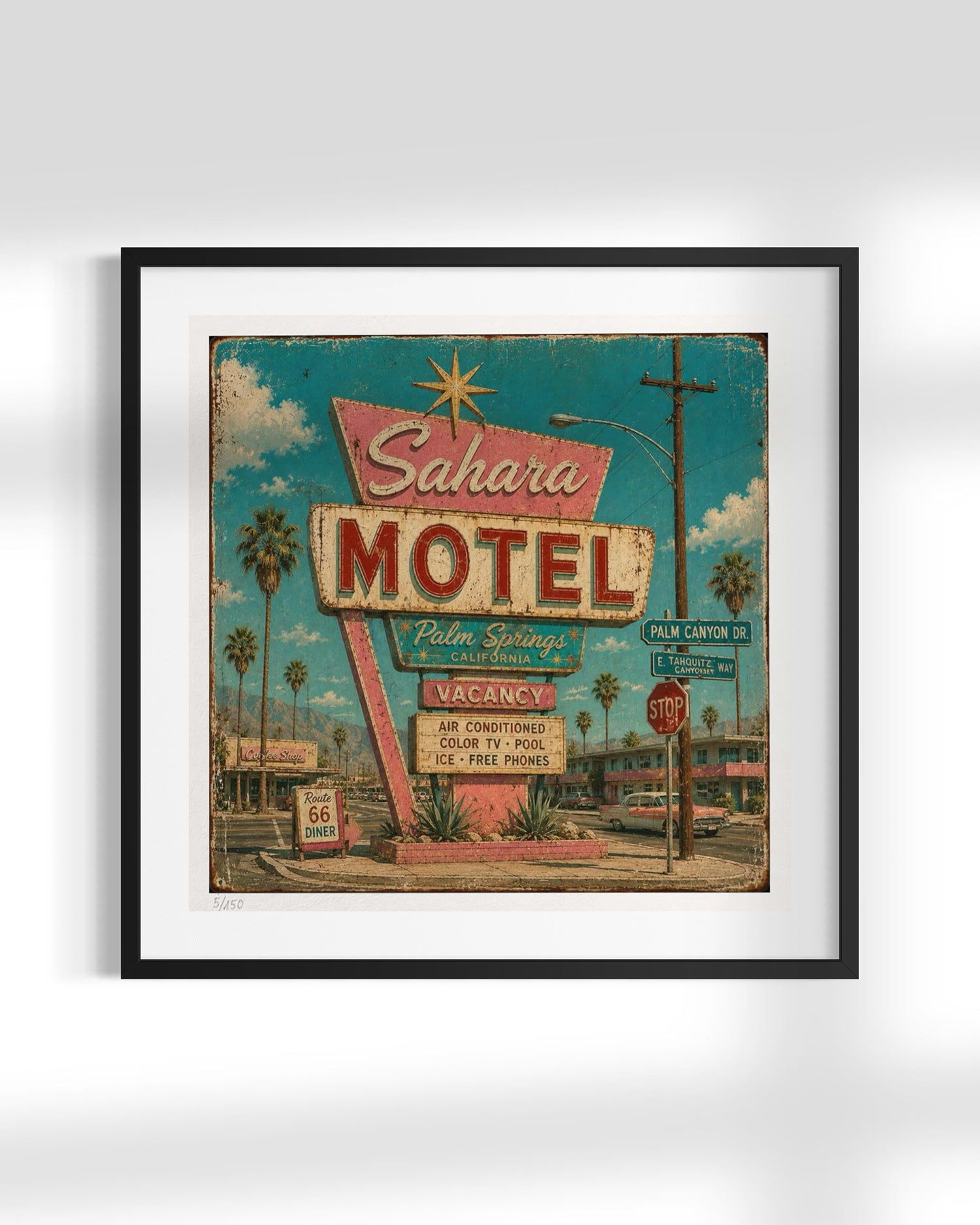 Framed wall art featuring a retro motel sign scene with palm trees and a vintage California Highway 96 sign, shown in a black frame with white mat against a light gray background.