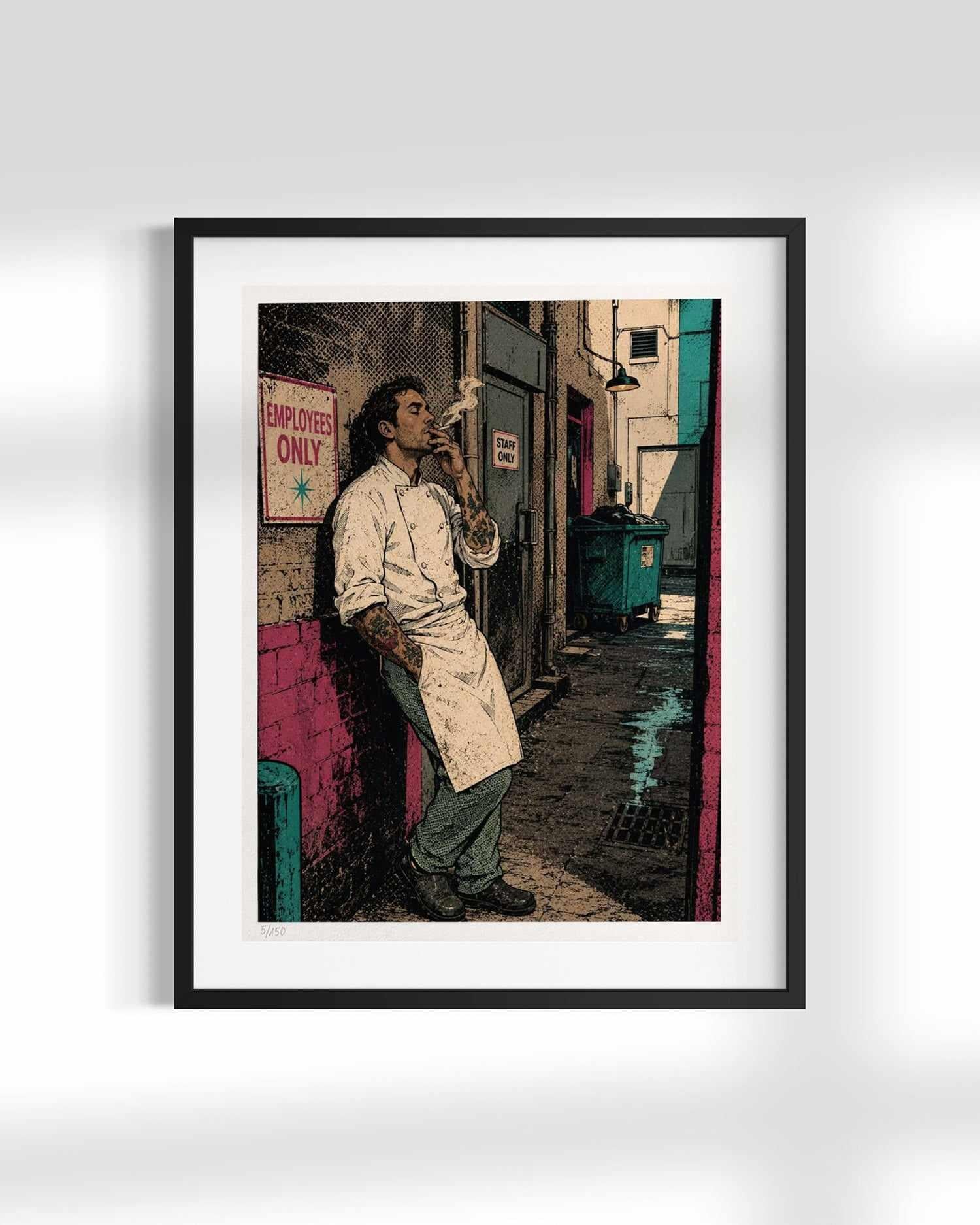 A framed art print featuring a stylized illustration of a man in a white apron leaning against a wall in a narrow alley, with a sign that reads 'EMPLOYEE ONLY'. The print is displayed in a black frame with a white mat against a light gray background.