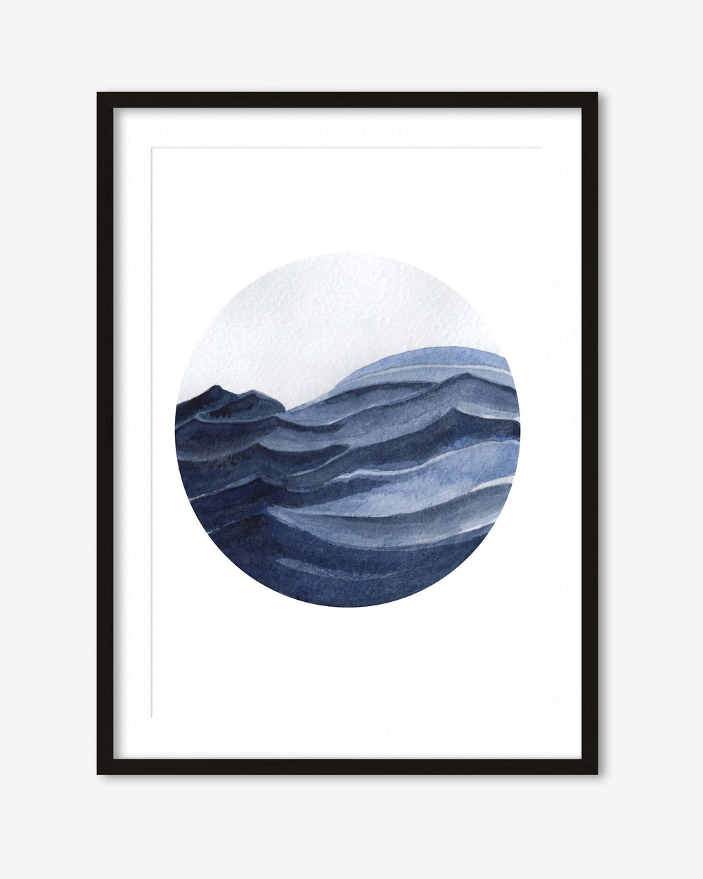Framed artwork of a stylized blue wave on a white background