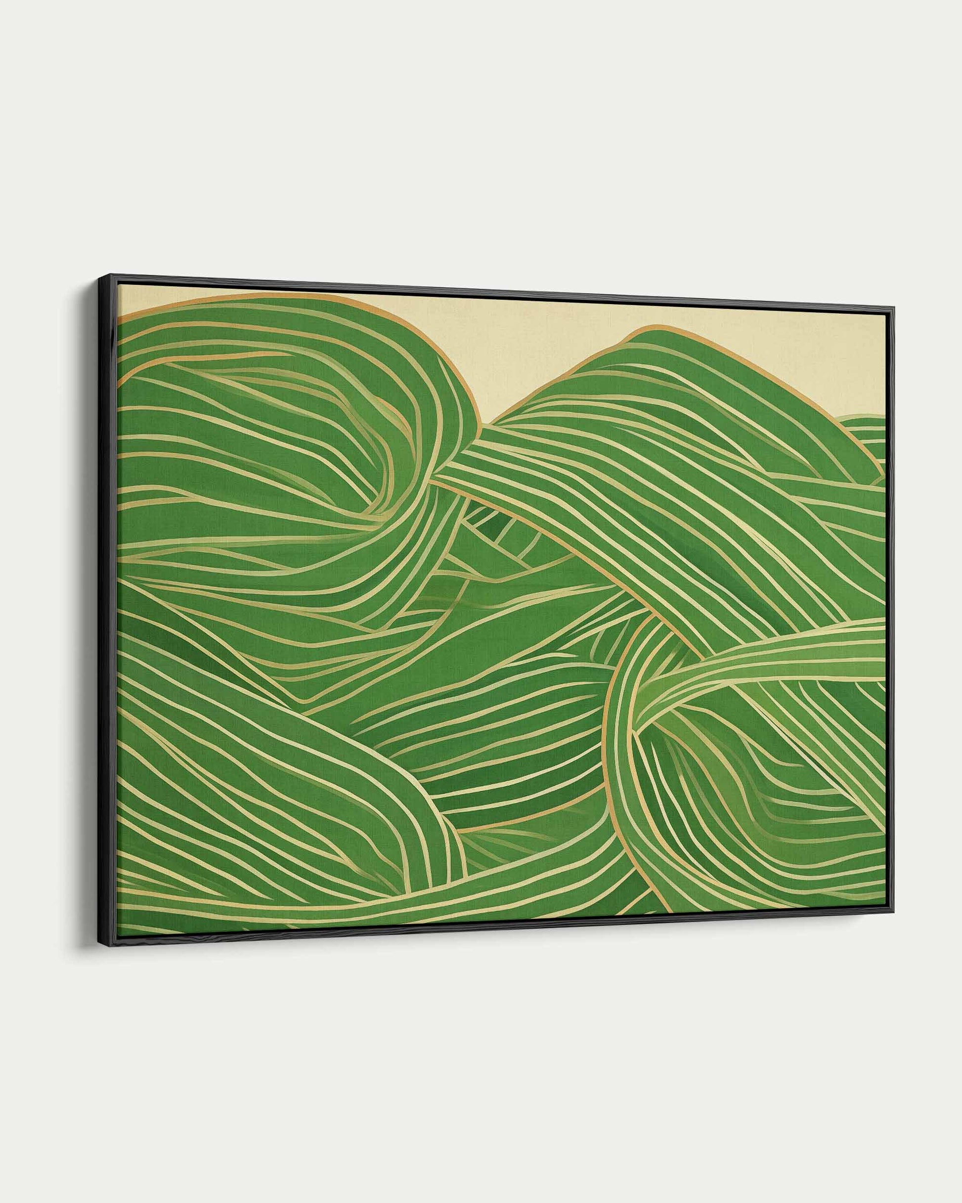 Framed abstract art with green and beige wavy lines on a white background