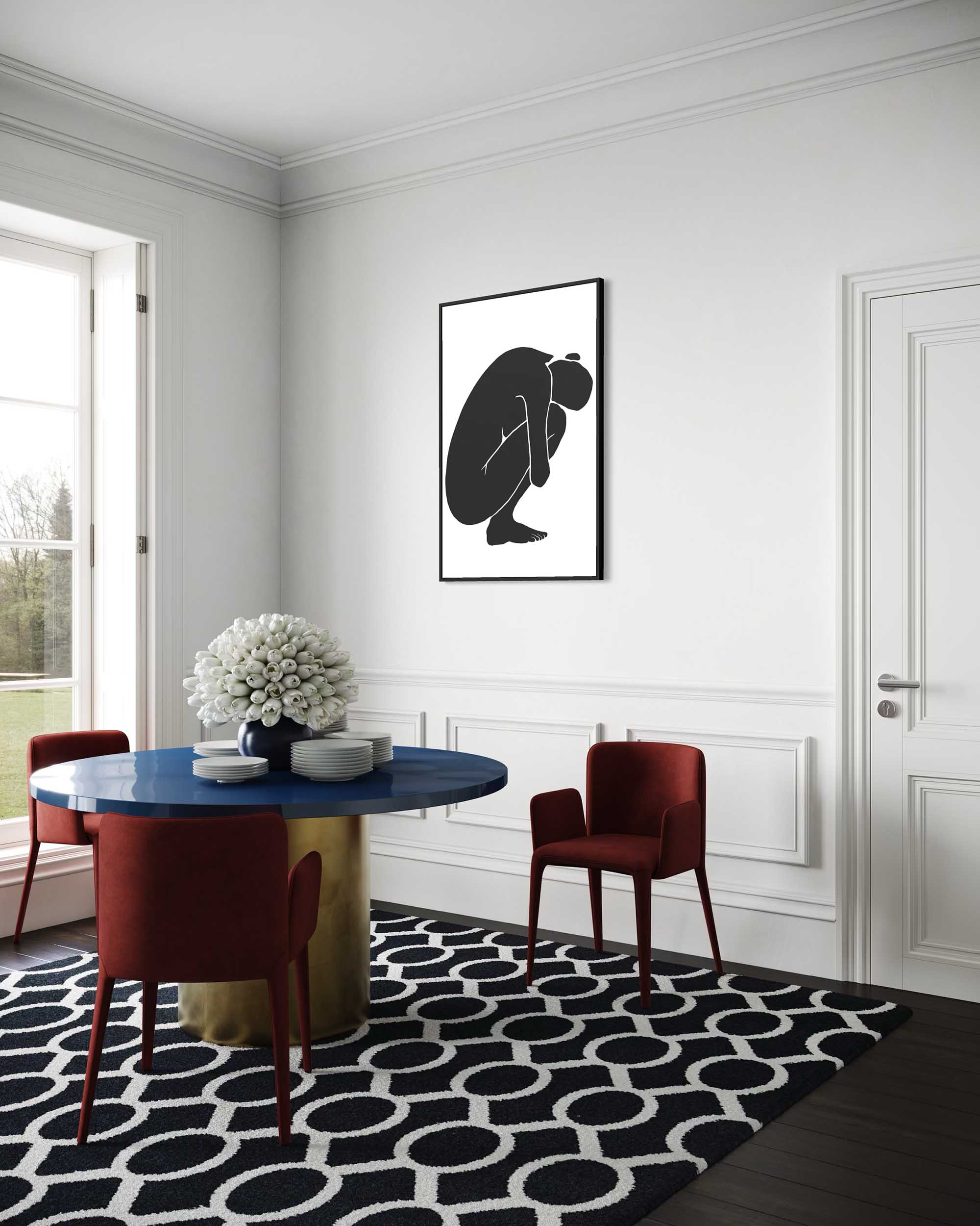 Modern dining room with a blue table, red chairs, and a black and white abstract painting on the wall.