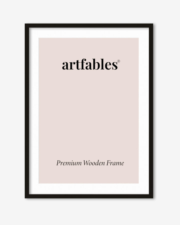 Framed poster with 'artfables' branding on a light pink background