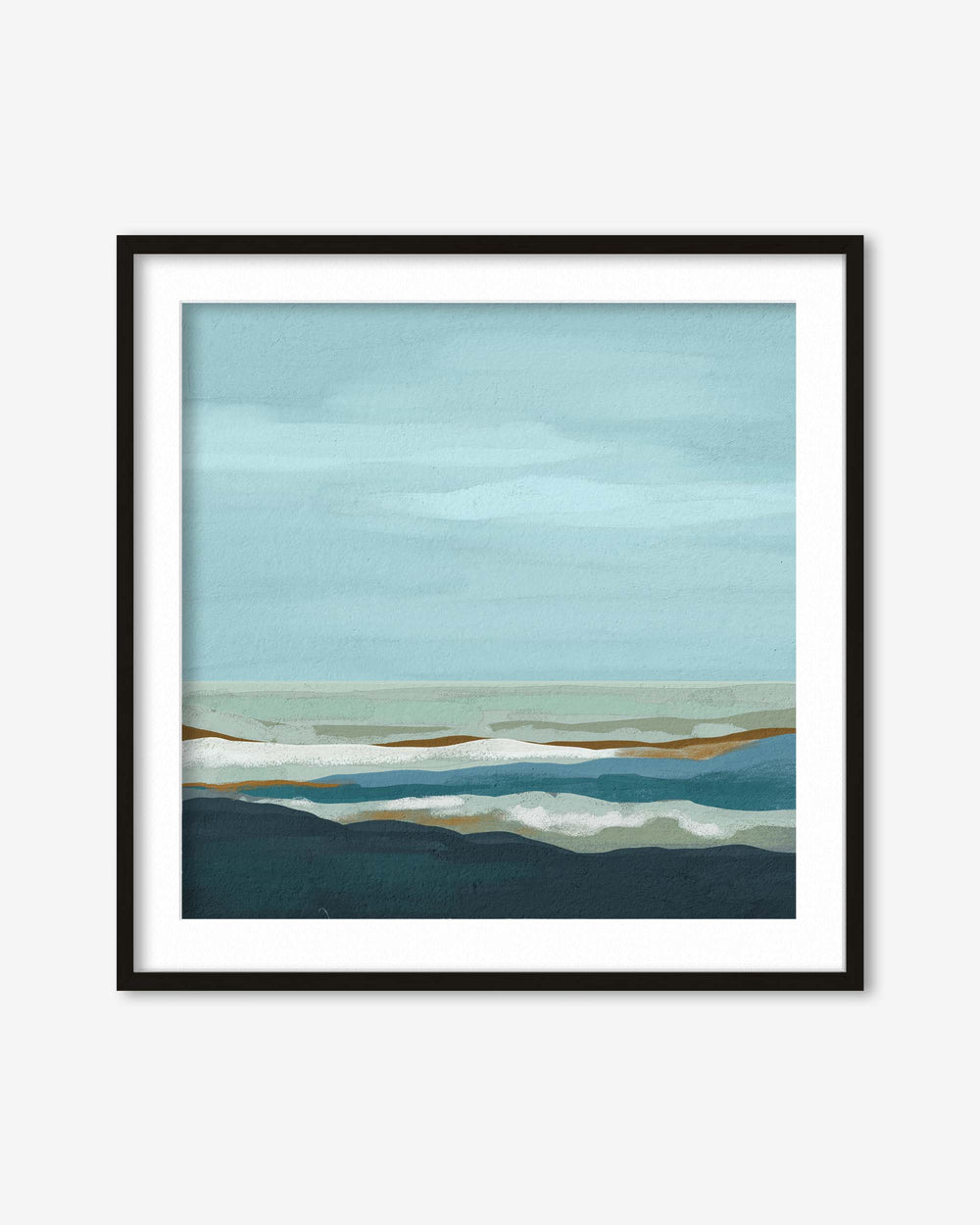 Framed abstract artwork with a blue and green color scheme on a white background