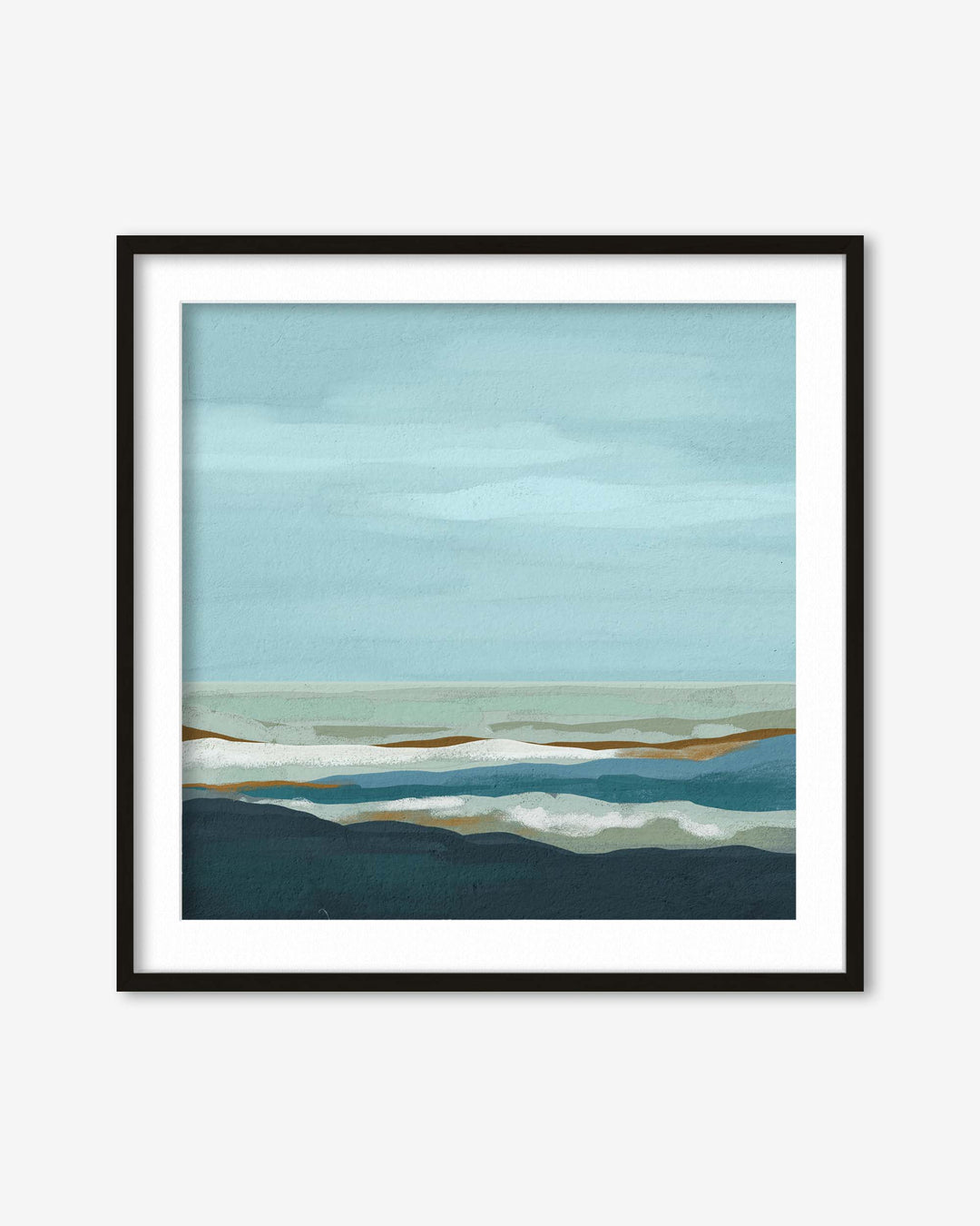 Framed abstract artwork with a blue and green color scheme on a white background