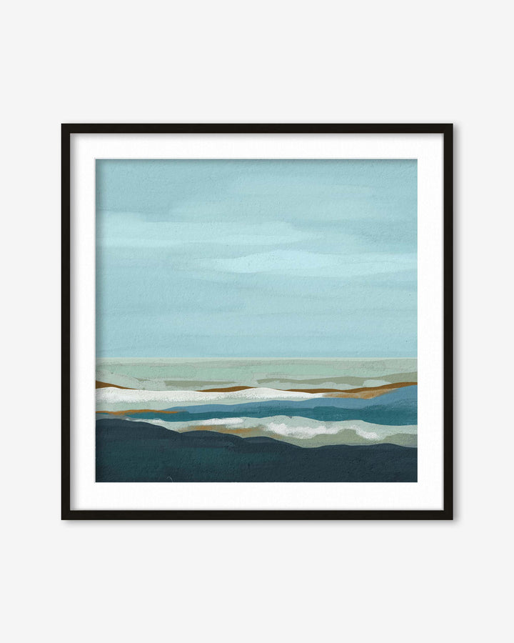 Framed abstract artwork with a blue and green color scheme on a white background