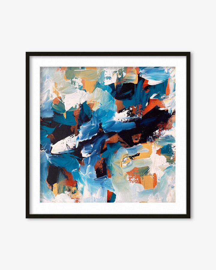 Framed abstract art print with colorful brush strokes on a white background
