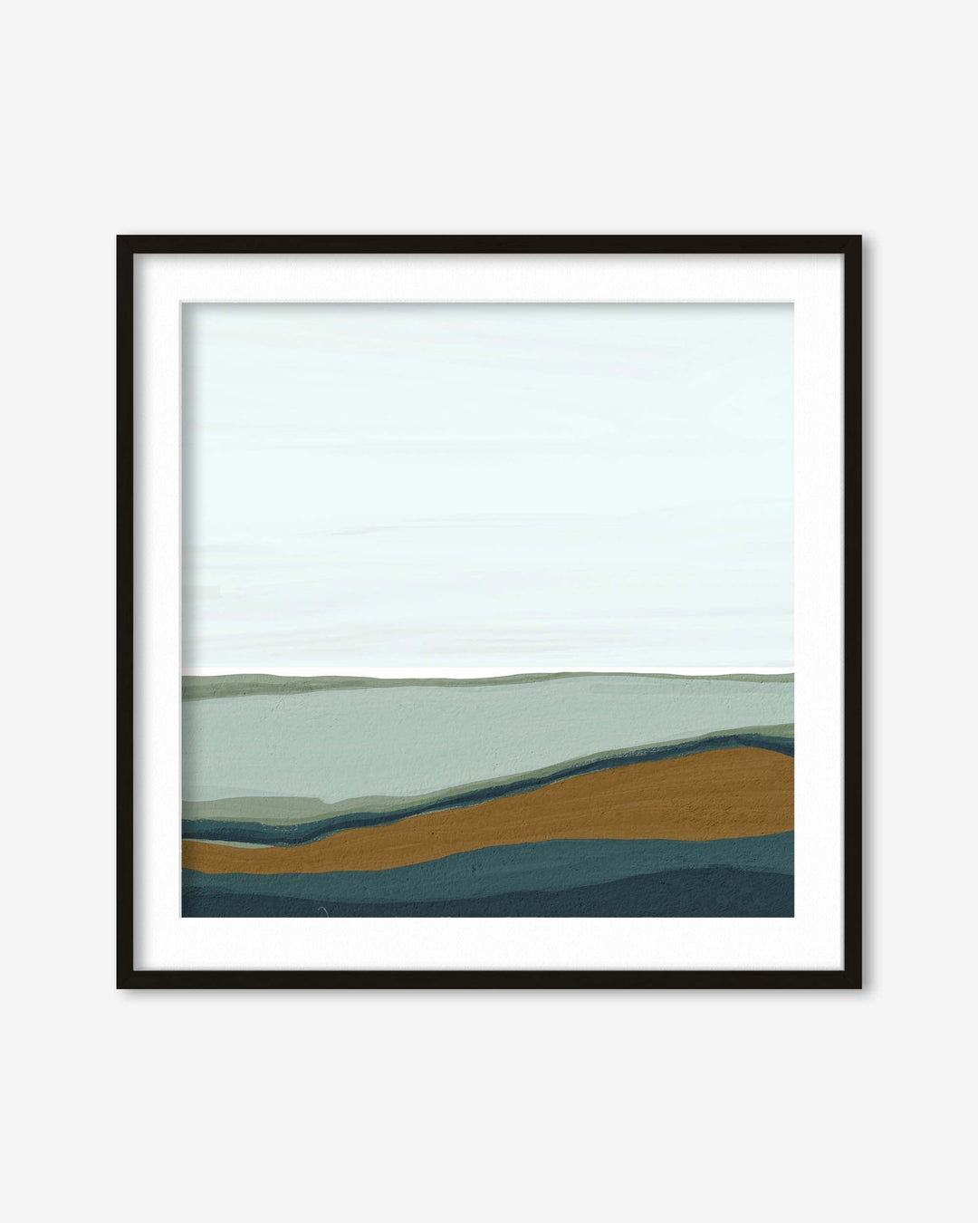 Framed abstract landscape art with wavy lines in green, blue, and brown on a white background