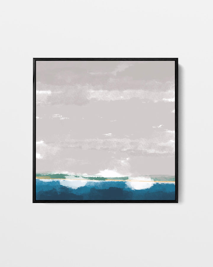 Framed artwork of a landscape with mountains and water on a light gray background
