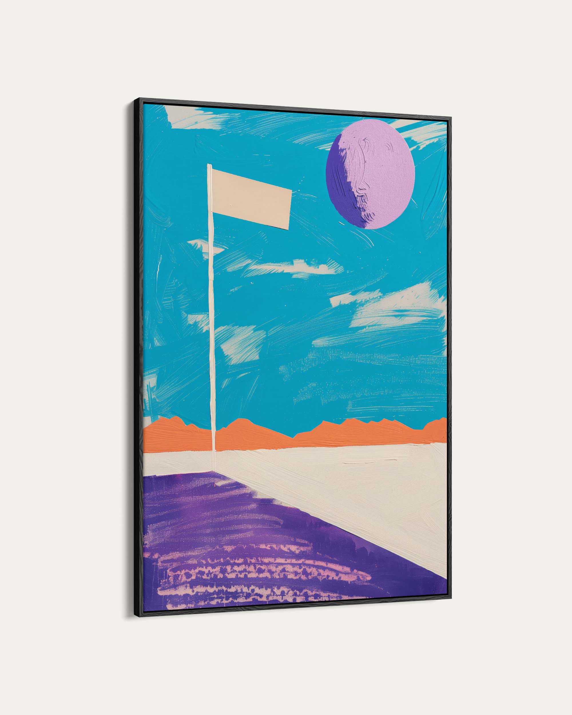 Abstract artwork with a flag, purple moon, and landscape on a blue sky background.