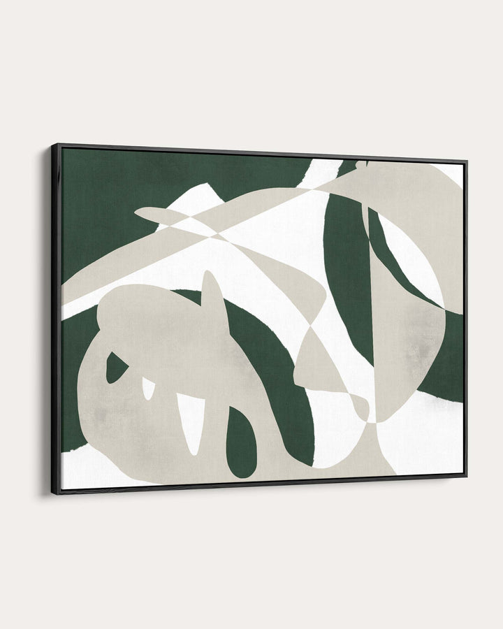 Framed abstract art print with green and beige leaves on a white background