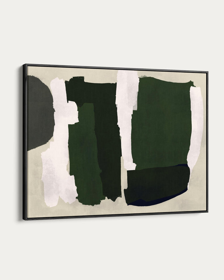 Abstract art piece with green and white shapes on a beige background