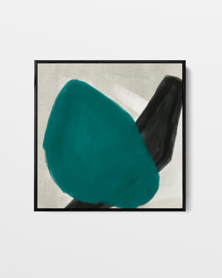 Framed abstract art with teal and black shapes on a light gray background