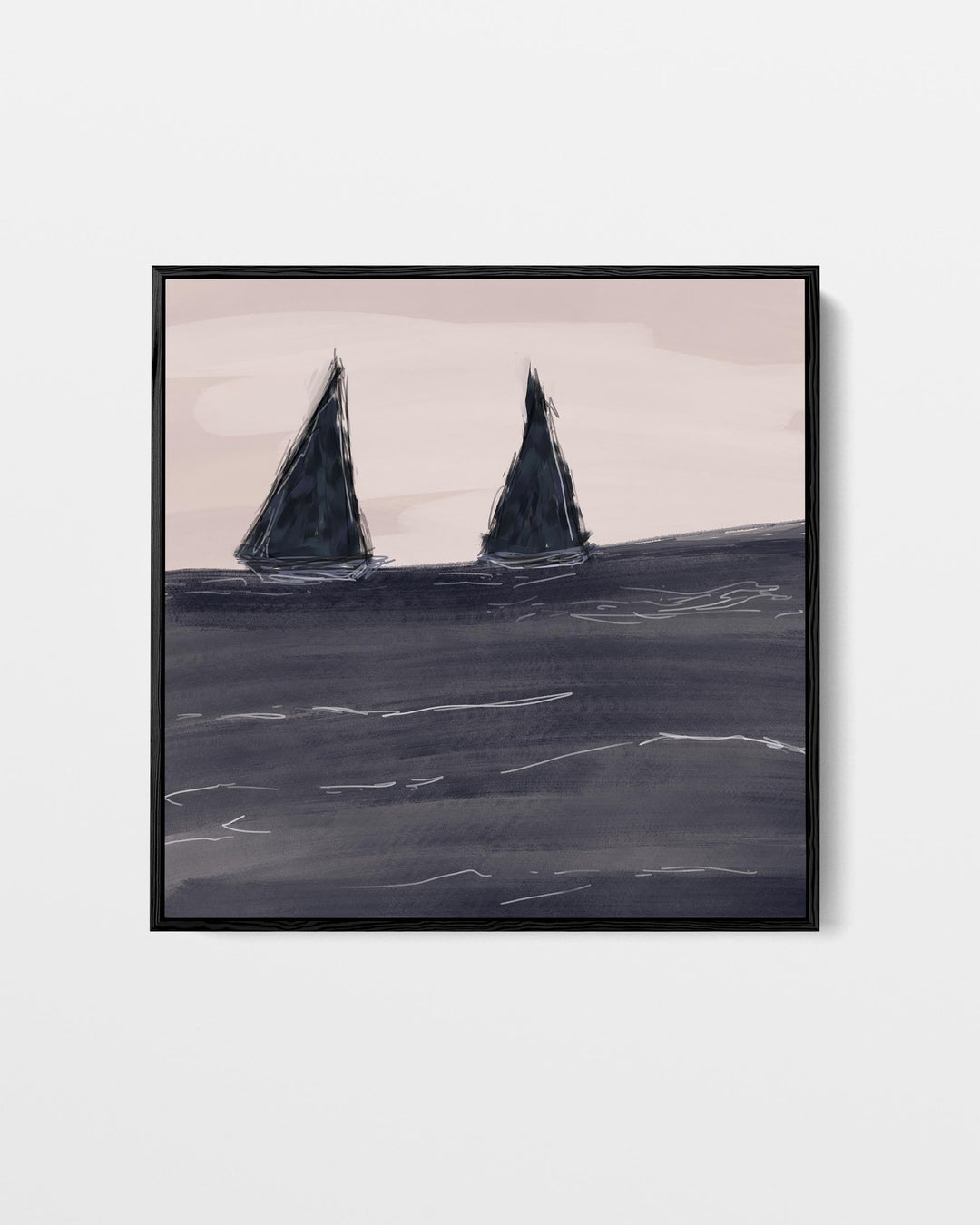 Framed artwork of two sailboats on a stormy sea with a dark frame.