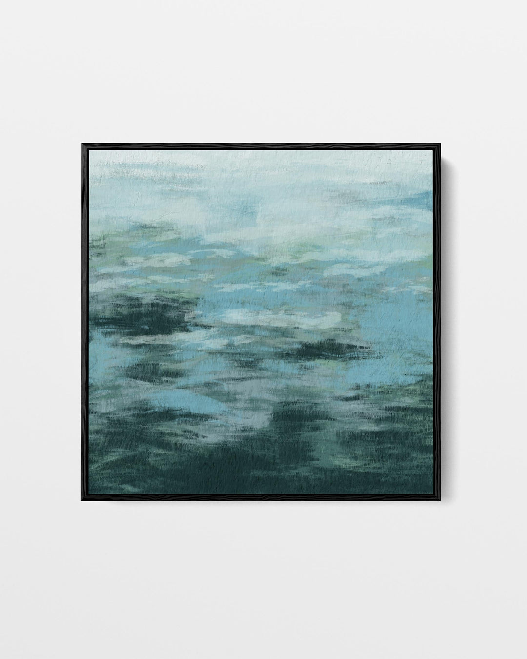 Framed abstract artwork with blue and green hues on a white background