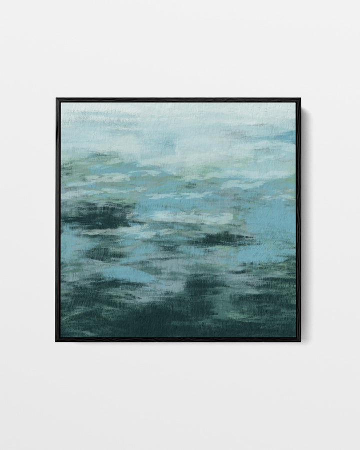 Framed abstract artwork with blue and green hues on a white background