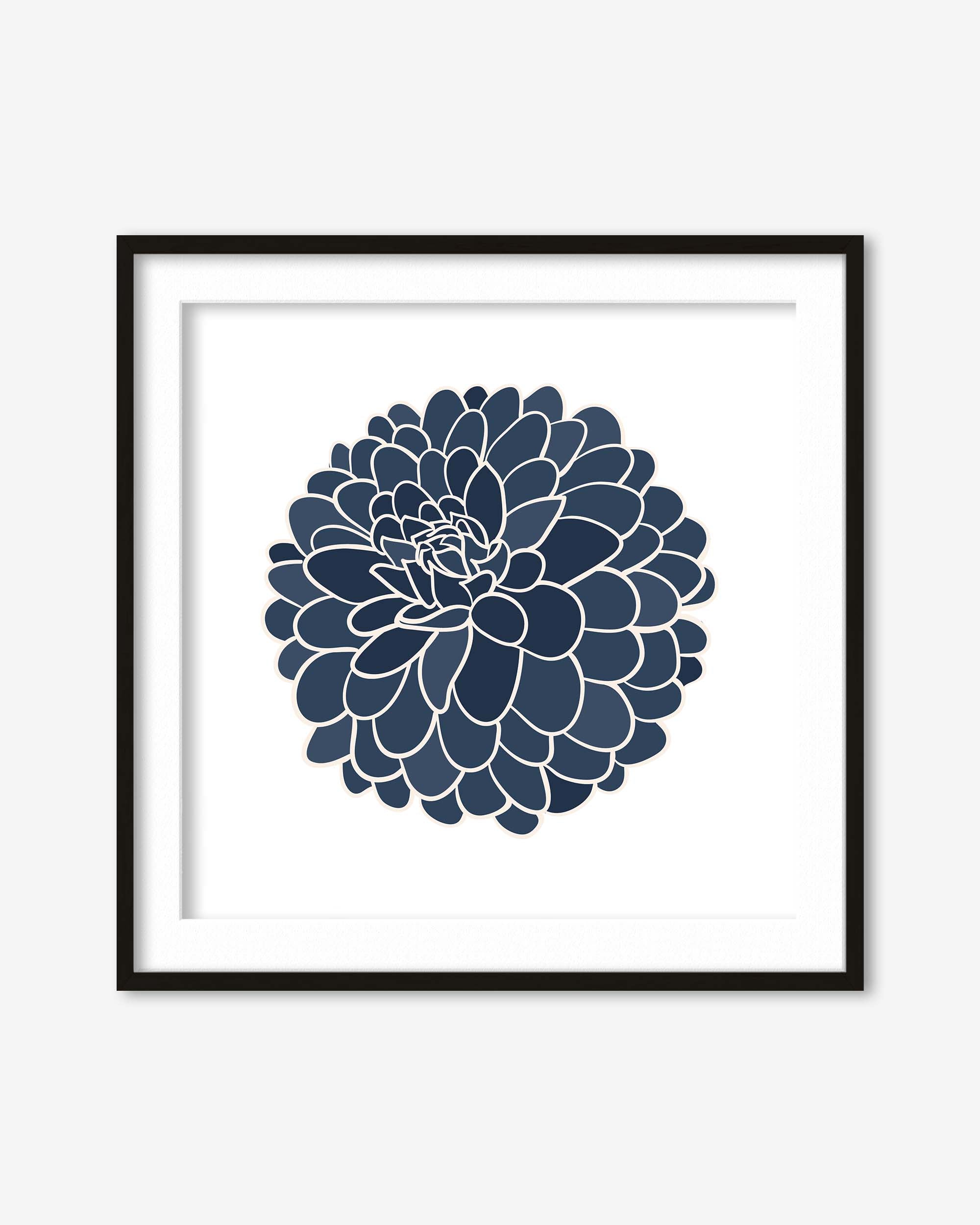 Framed artwork of a blue flower design on a white background