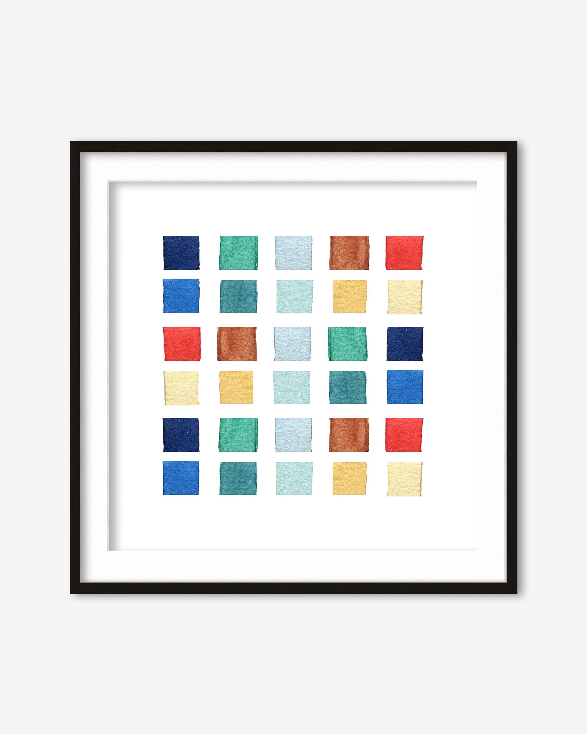 Framed artwork with a grid of colorful squares on a white background
