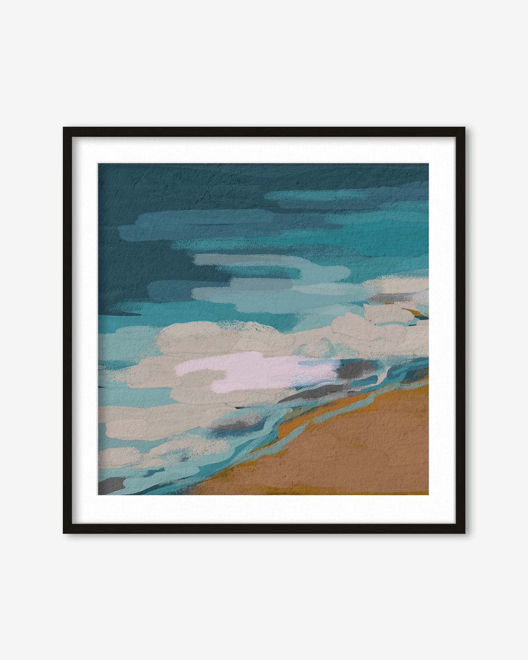 Framed abstract artwork with blue, beige, and brown tones on a white background