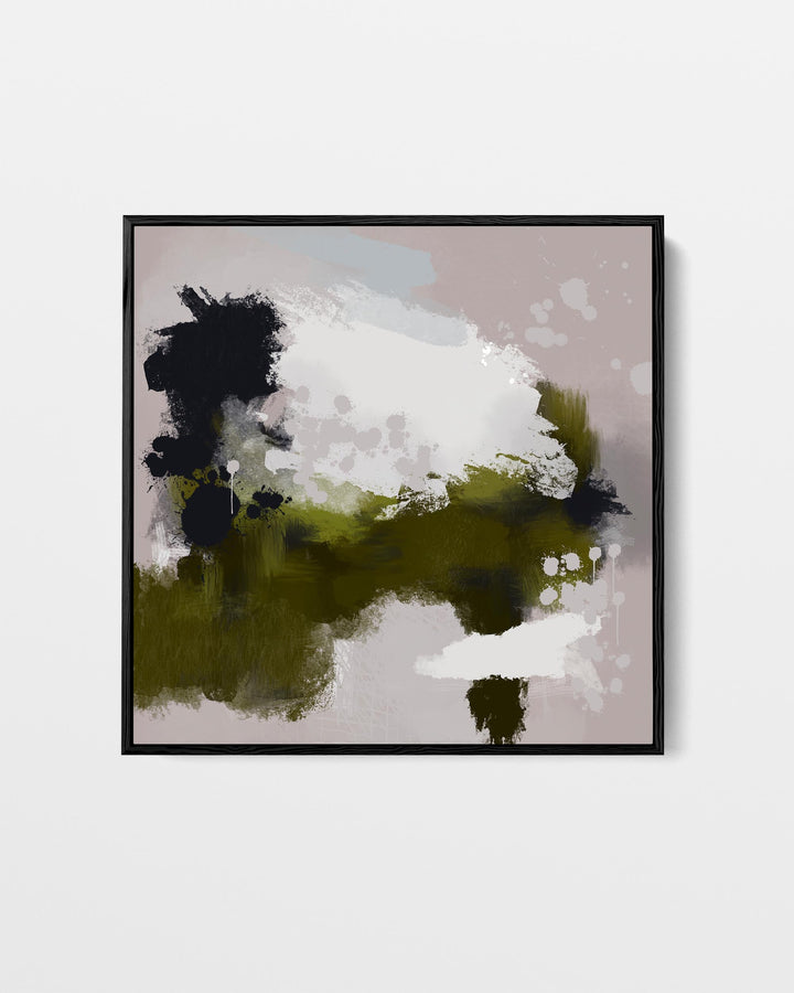 Abstract art print with black, white, and green colors on a beige background